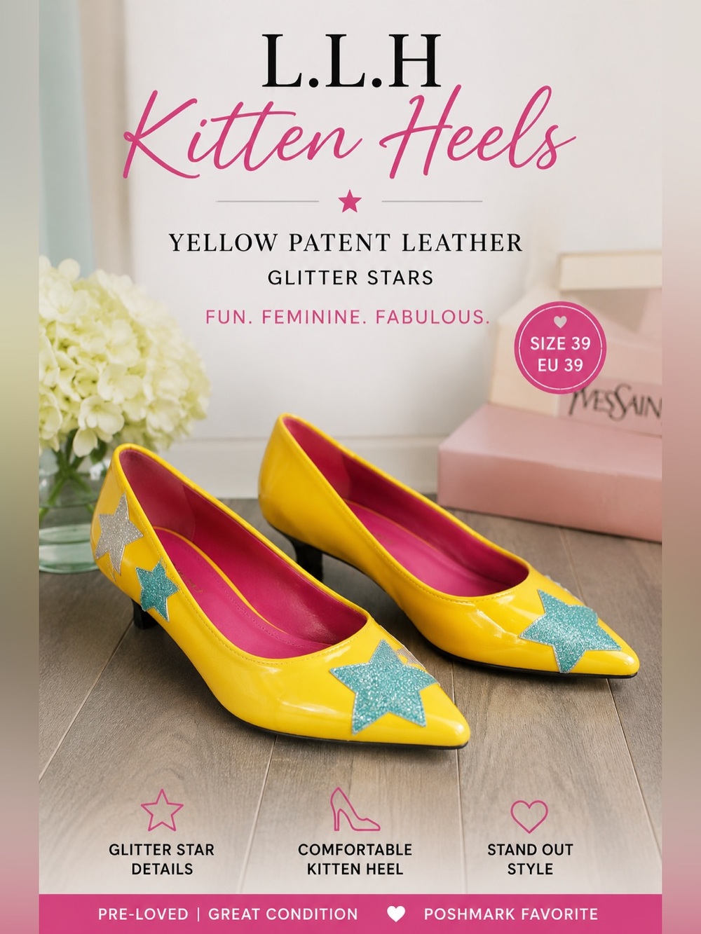 L.L.H Yellow Patent Leather Kitten Heels pointed Toe Glitter Stars Sz 39